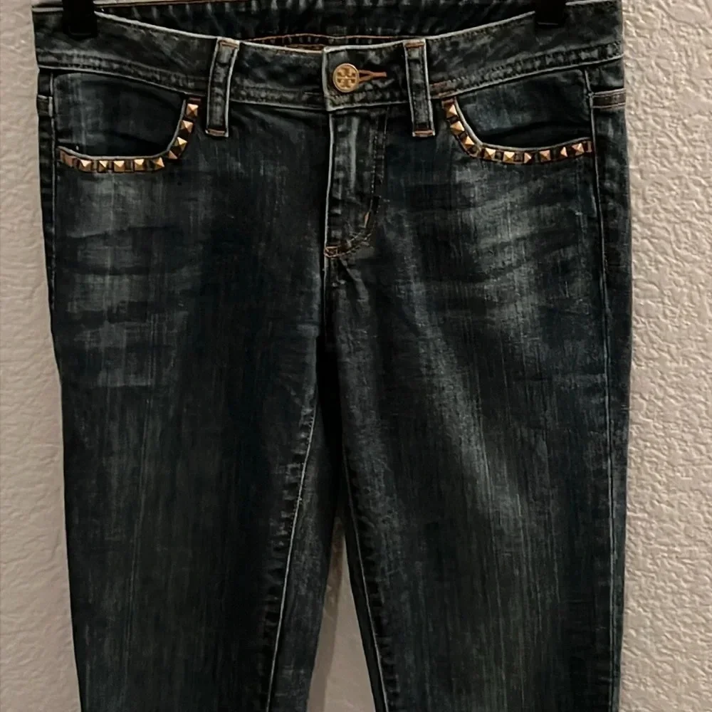 TORY BURCH Dark Wash Gold Logo Hardware Low Rise Super Skinny Jeans SIZE 25